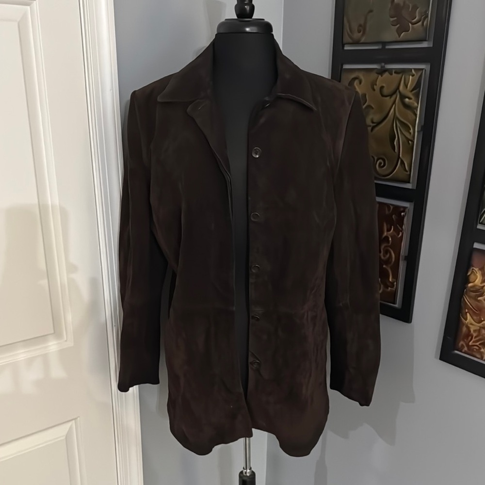 Caslon Woman’s Chic Longline Button-Up Brown 100% Brushed Leather Jacket